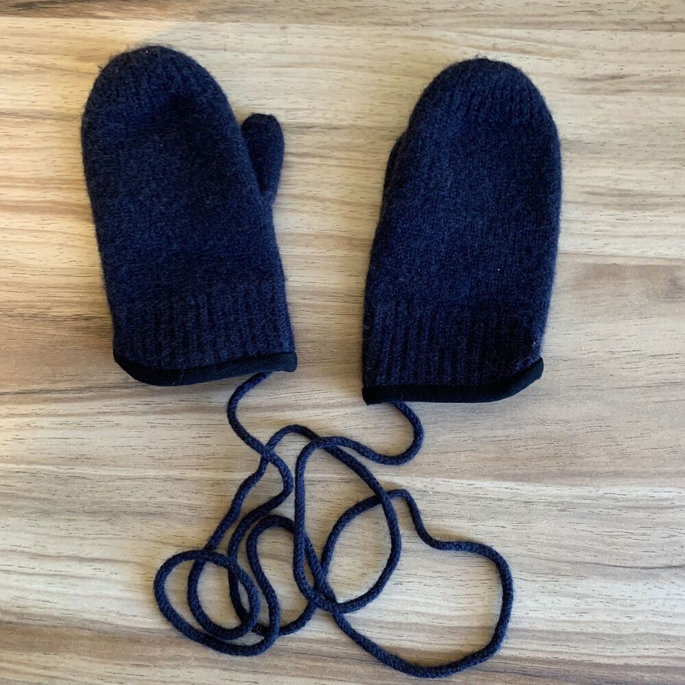 tittimitti 100% Virgin Wool Mittens Kids 3-5Y Navy Blue Knit String OEKO-TEX USA